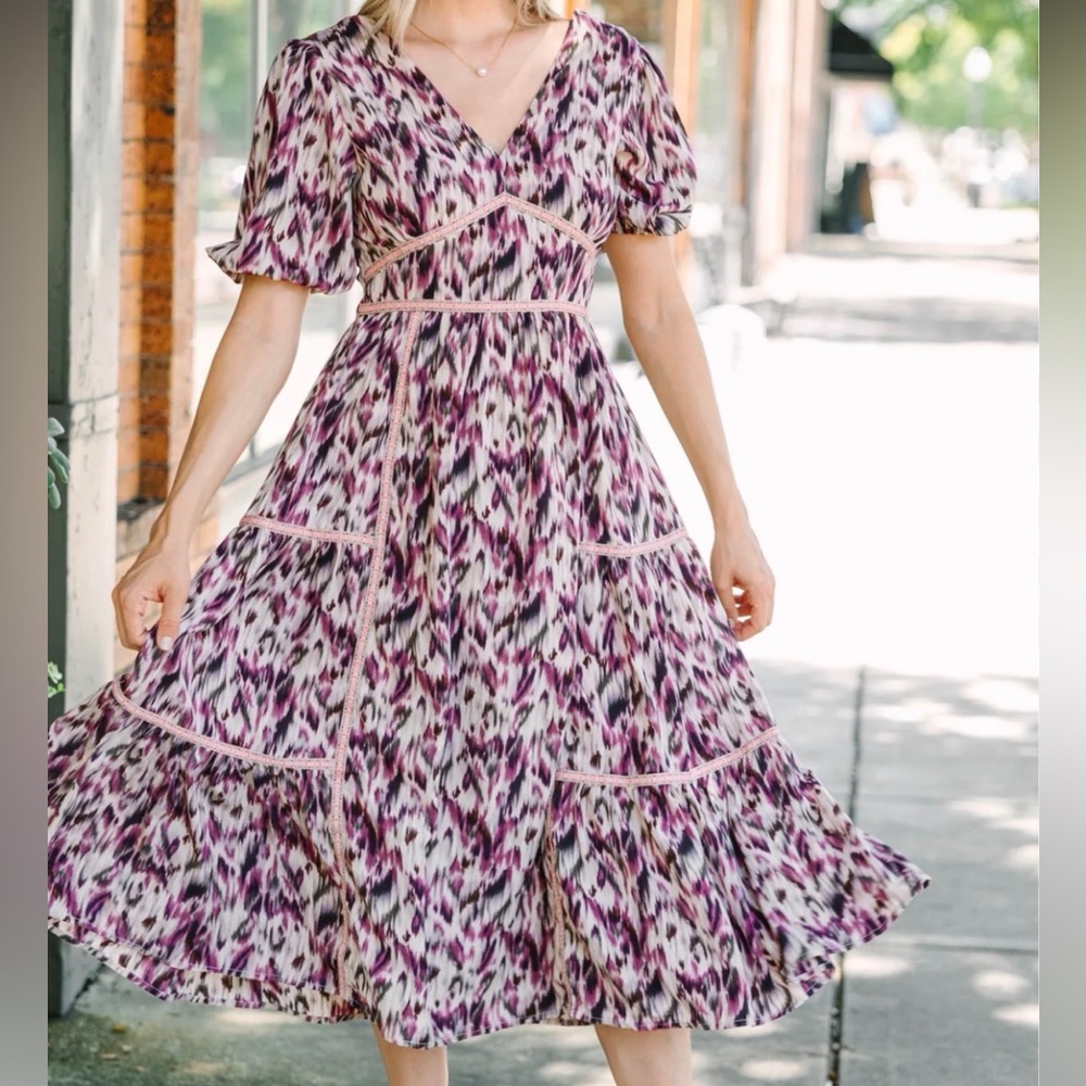 Entro Purple Abstract Patterned Midi Dress